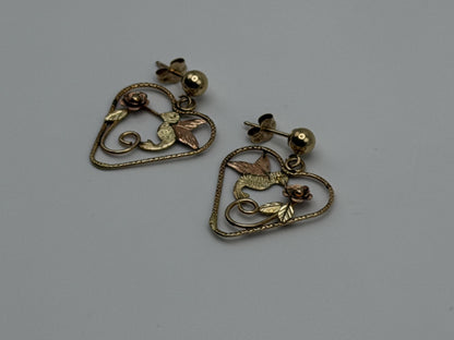 10K Black Hills Tri-Color Heart Earrings Floral Leaf Design  Romantic Dangle