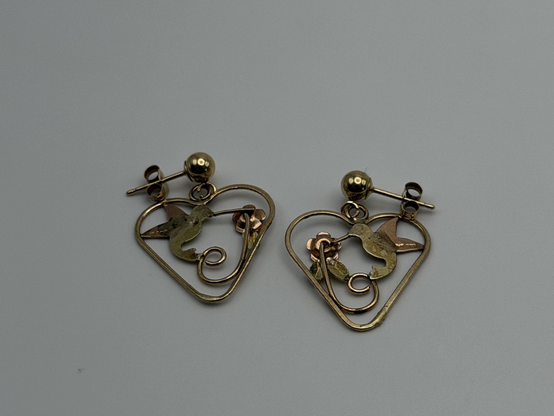 10K Black Hills Tri-Color Heart Earrings Floral Leaf Design  Romantic Dangle