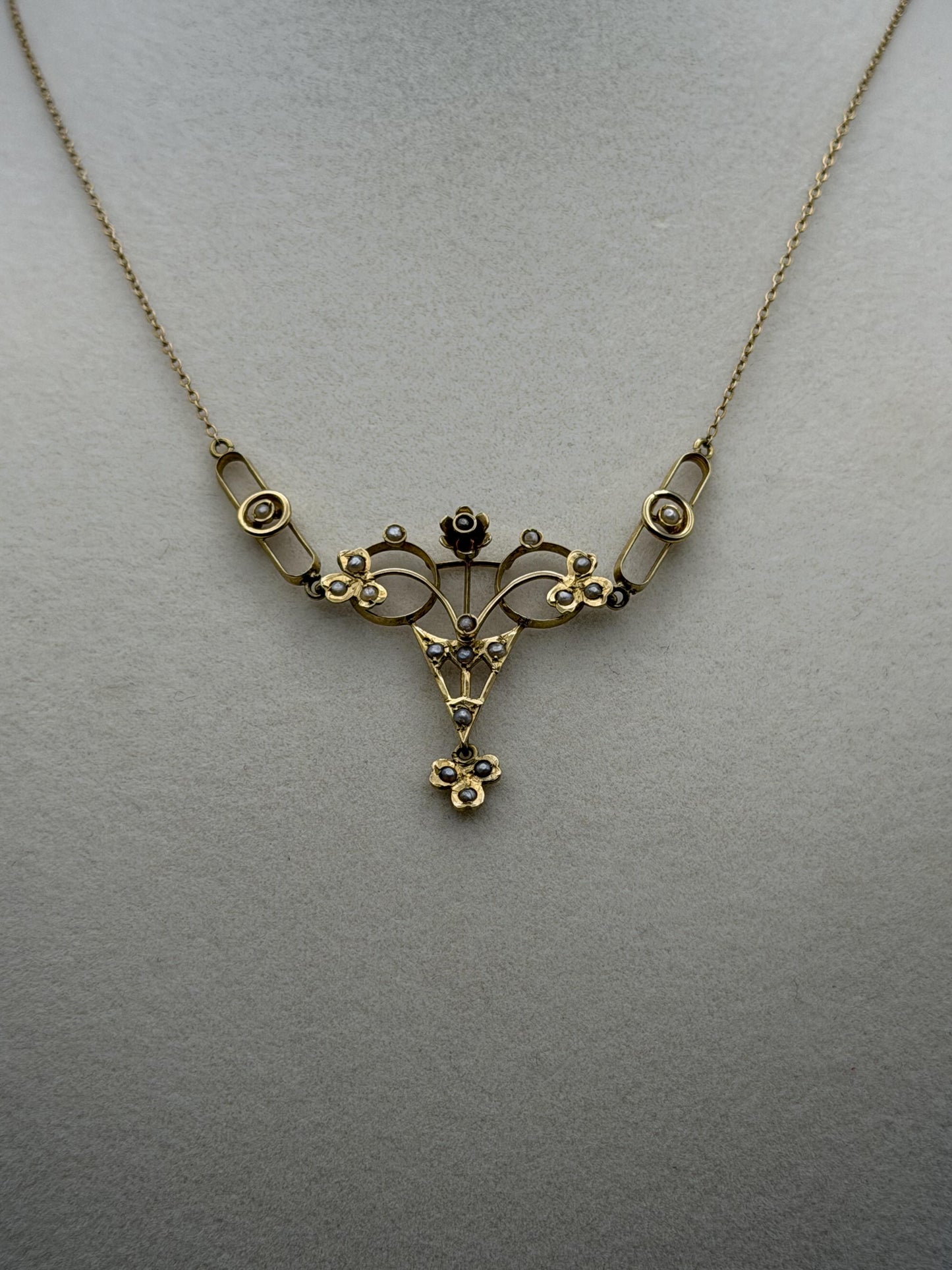 Antique Art Nouveau 14k Gold Seed Pearl Necklace. Victorian Floral Lavalier 14"