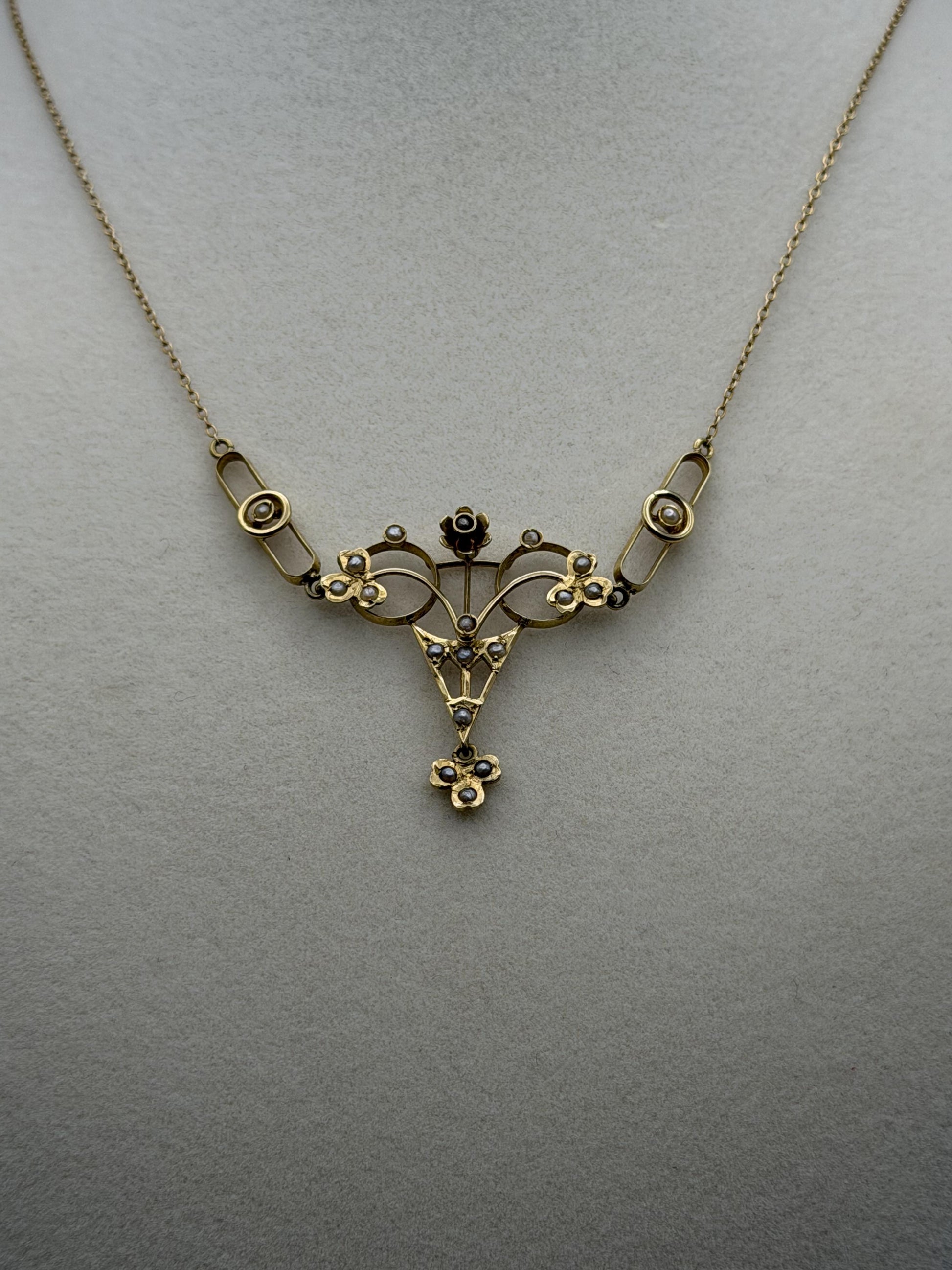 Antique Art Nouveau 14k Gold Seed Pearl Necklace. Victorian Floral Lavalier 14"