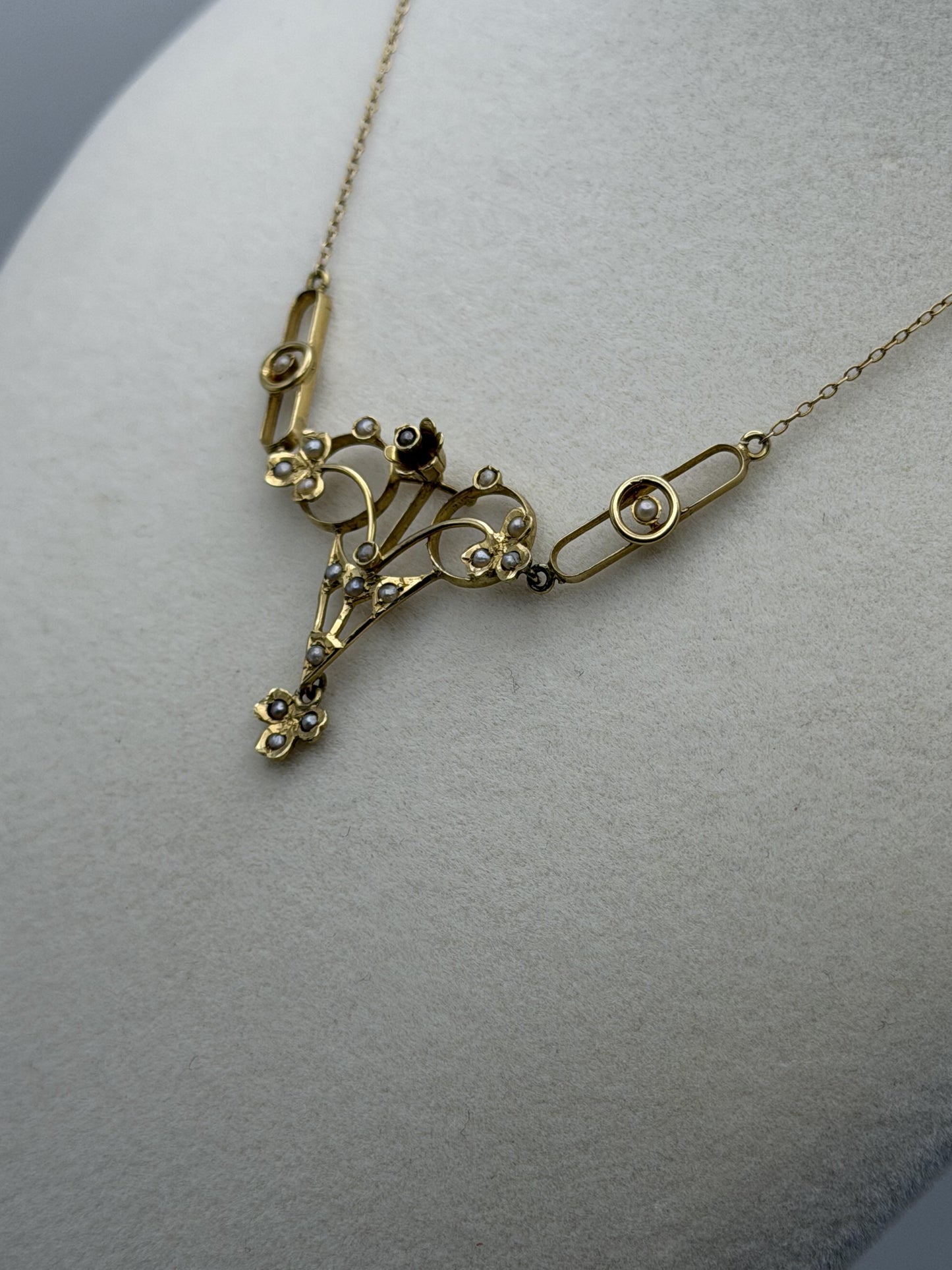 Antique Art Nouveau 14k Gold Seed Pearl Necklace. Victorian Floral Lavalier 14"
