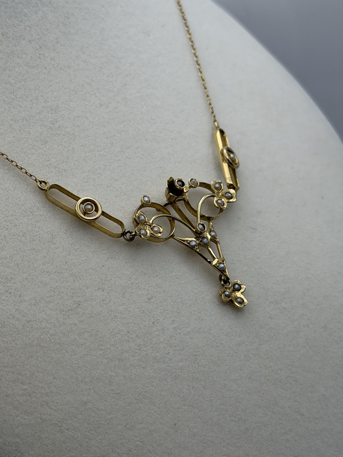 Antique Art Nouveau 14k Gold Seed Pearl Necklace. Victorian Floral Lavalier 14"
