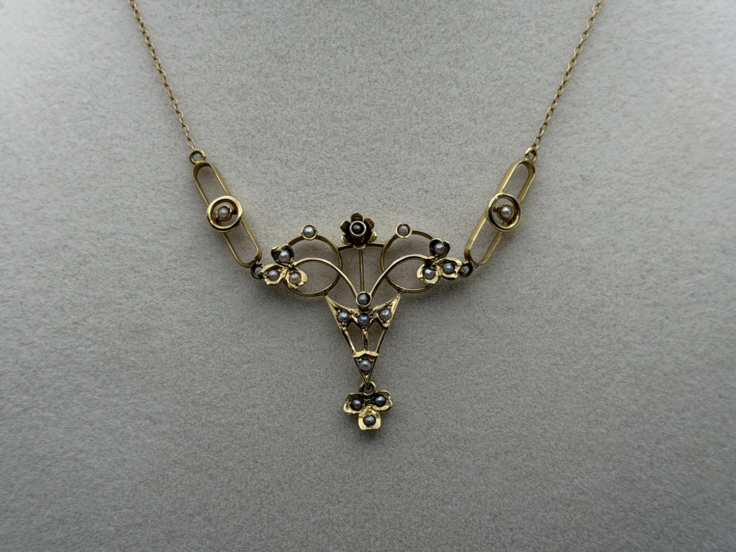 Antique Art Nouveau 14k Gold Seed Pearl Necklace. Victorian Floral Lavalier 14"