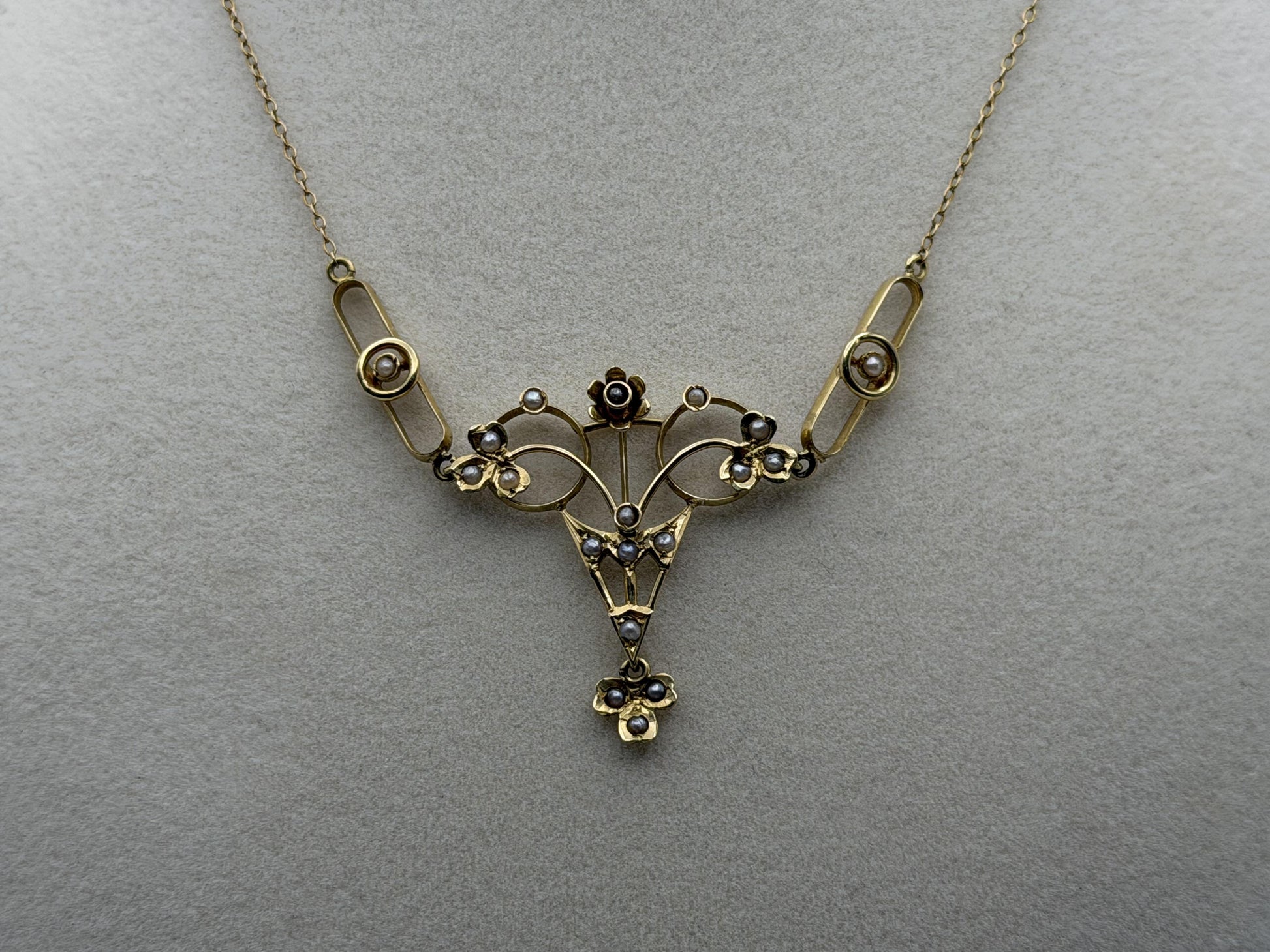 Antique Art Nouveau 14k Gold Seed Pearl Necklace. Victorian Floral Lavalier 14"