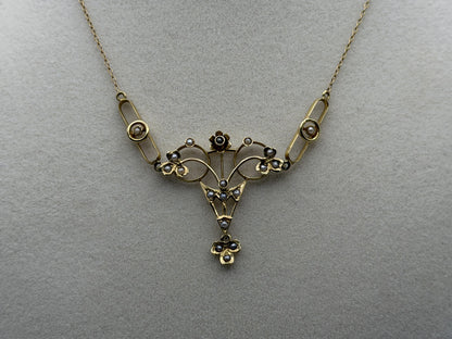 Antique Art Nouveau 14k Gold Seed Pearl Necklace. Victorian Floral Lavalier 14"