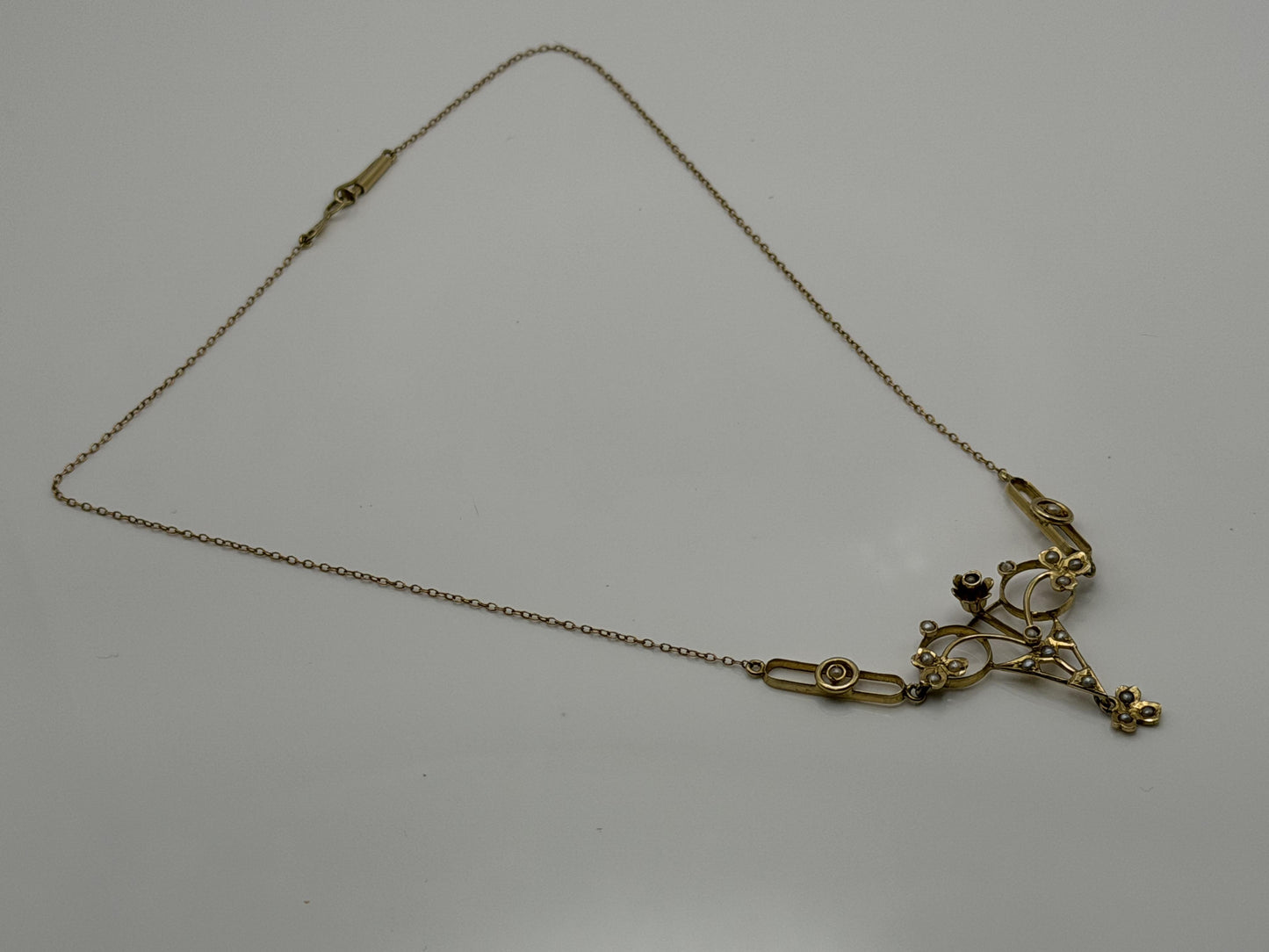Antique Art Nouveau 14k Gold Seed Pearl Necklace. Victorian Floral Lavalier 14"