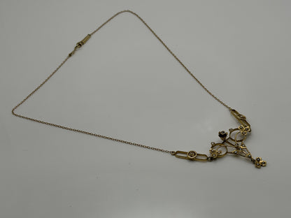 Antique Art Nouveau 14k Gold Seed Pearl Necklace. Victorian Floral Lavalier 14"