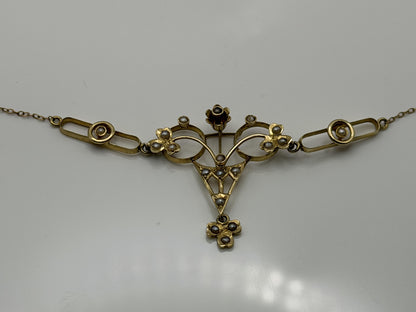 Antique Art Nouveau 14k Gold Seed Pearl Necklace. Victorian Floral Lavalier 14"