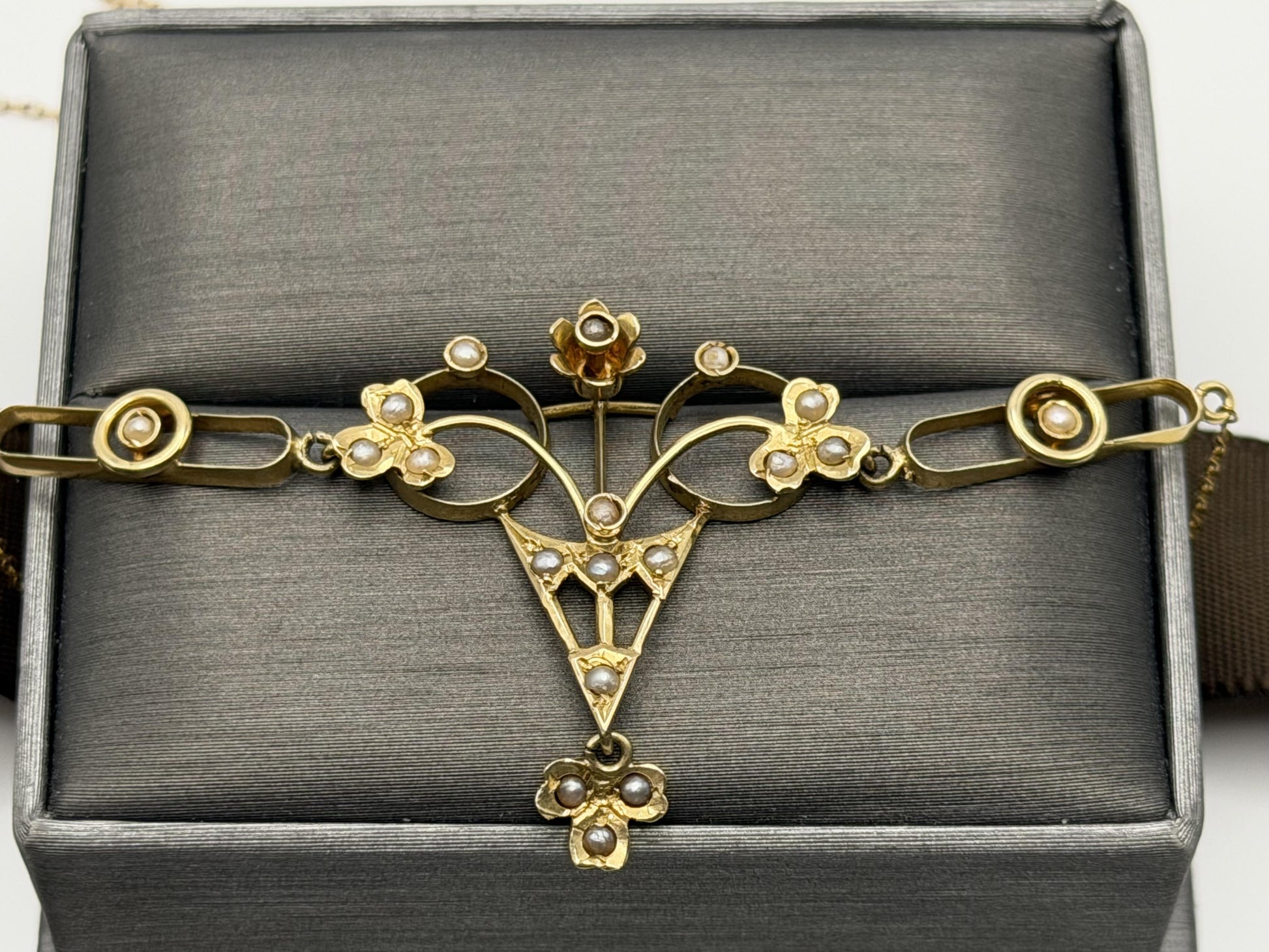 Antique Art Nouveau 14k Gold Seed Pearl Necklace. Victorian Floral Lavalier 14"