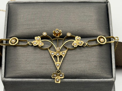 Antique Art Nouveau 14k Gold Seed Pearl Necklace. Victorian Floral Lavalier 14"