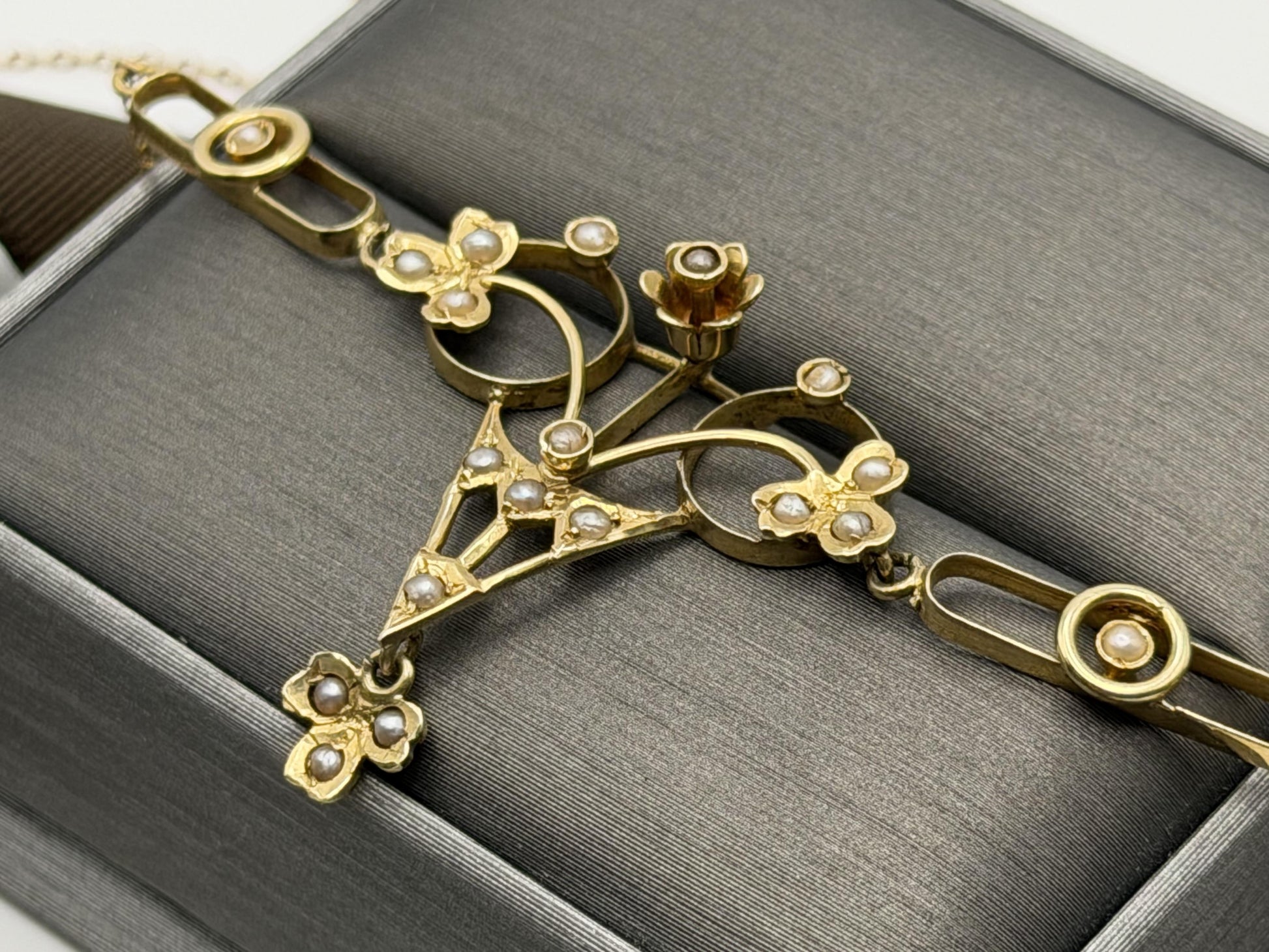 Antique Art Nouveau 14k Gold Seed Pearl Necklace. Victorian Floral Lavalier 14"