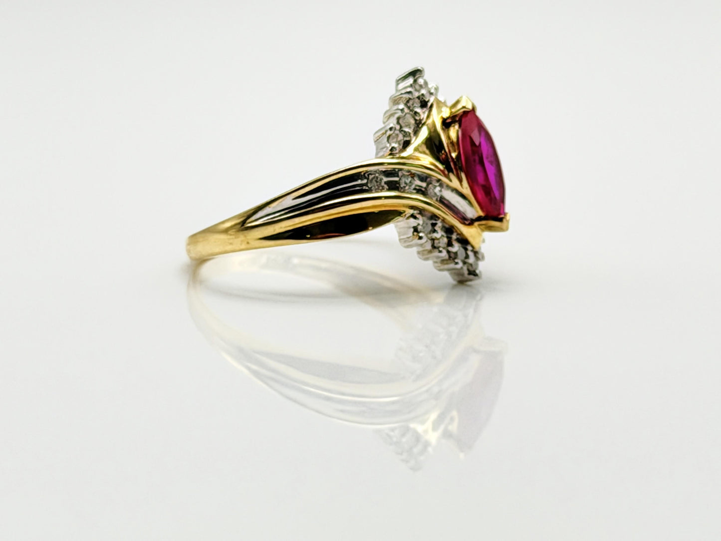 10k Vintage Ruby and Diamond Cocktail Ring Marquise Ruby Ring.