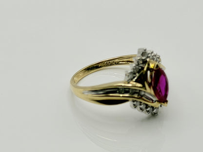 10k Vintage Ruby and Diamond Cocktail Ring Marquise Ruby Ring.