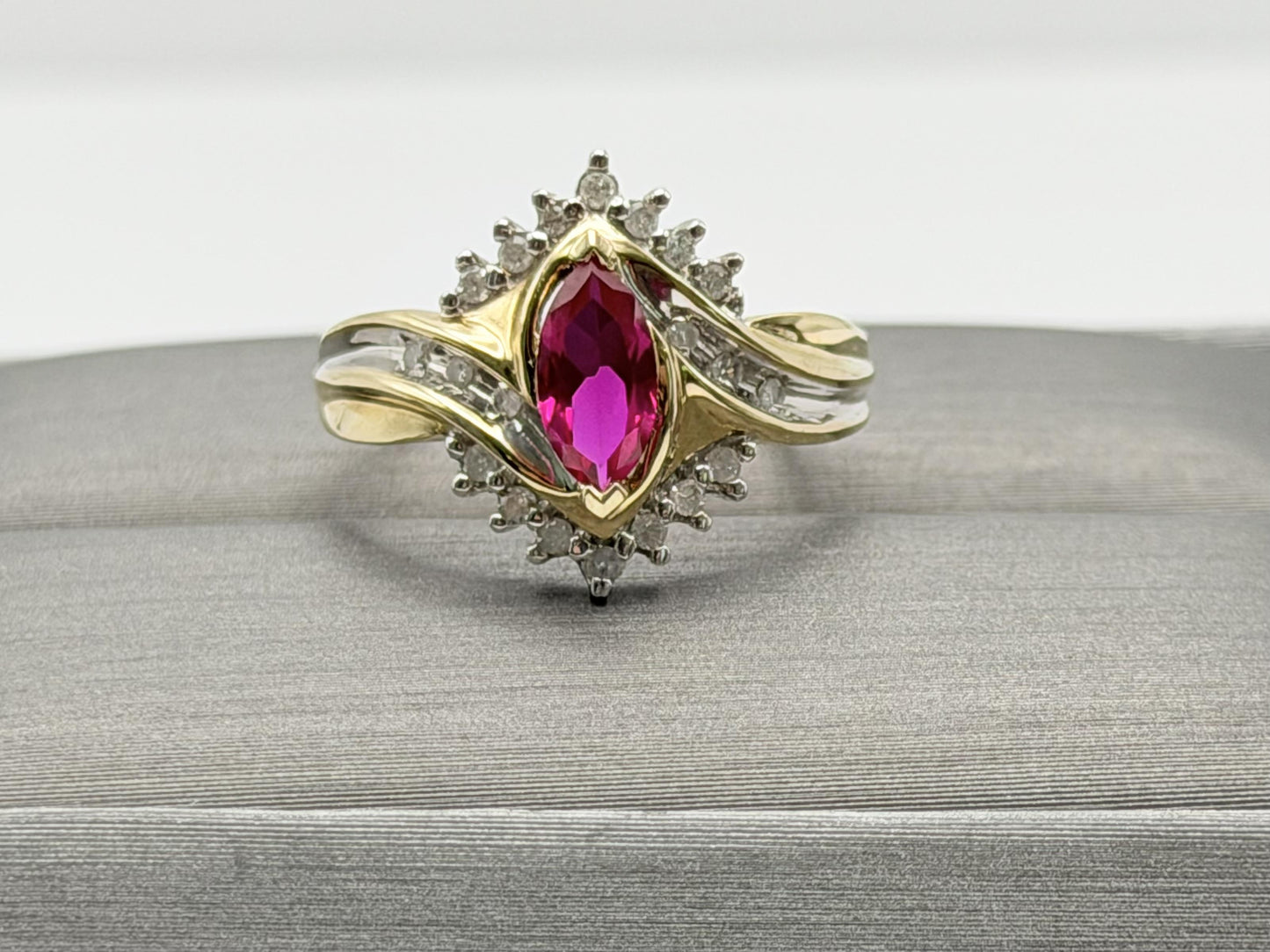 10k Vintage Ruby and Diamond Cocktail Ring Marquise Ruby Ring.