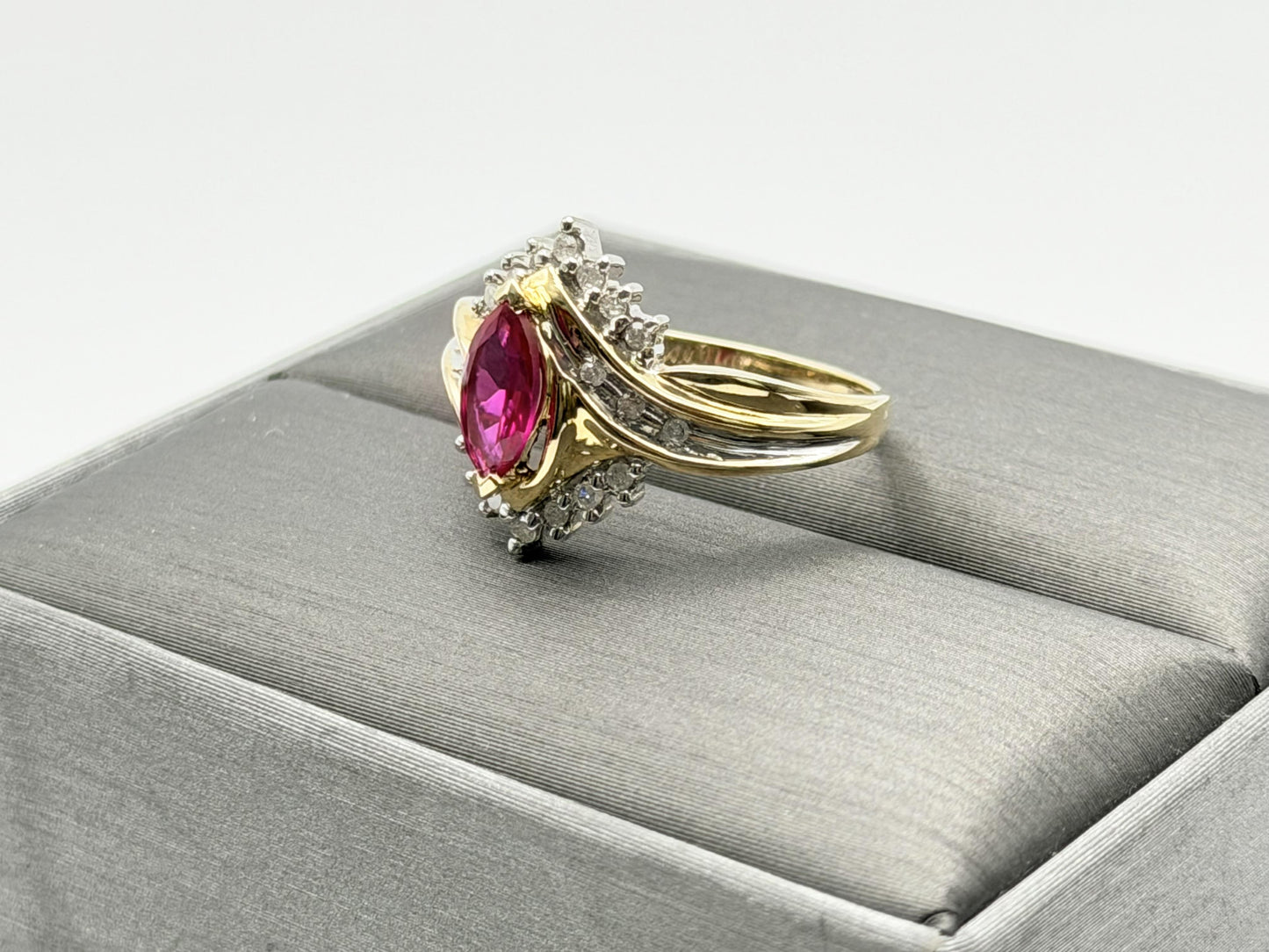 10k Vintage Ruby and Diamond Cocktail Ring Marquise Ruby Ring.