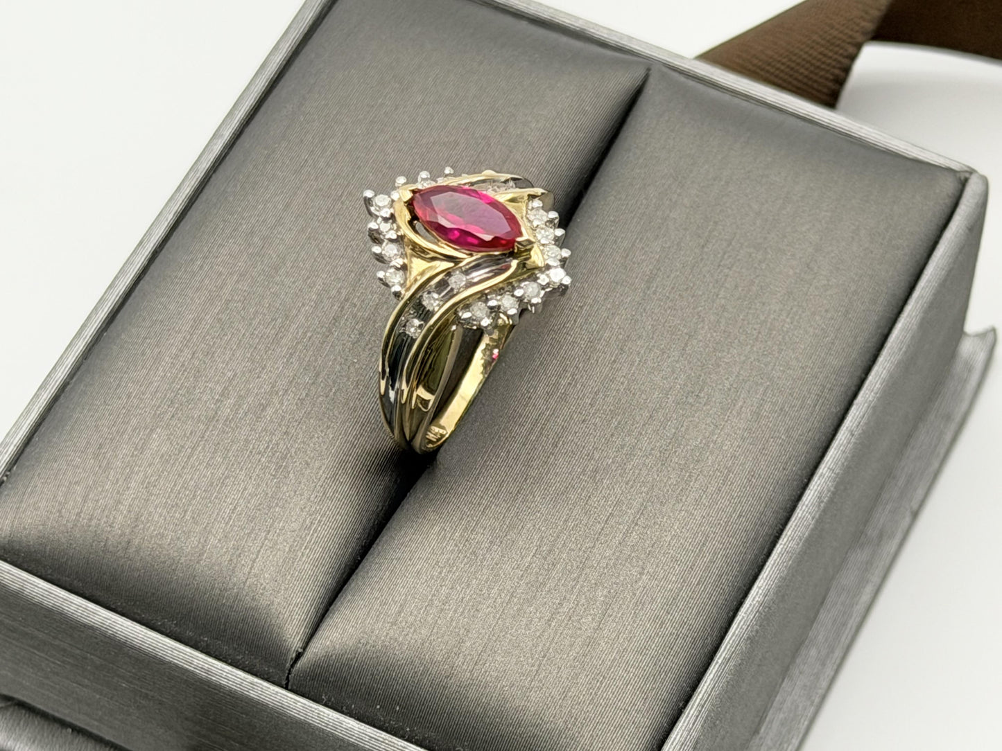 10k Vintage Ruby and Diamond Cocktail Ring Marquise Ruby Ring.