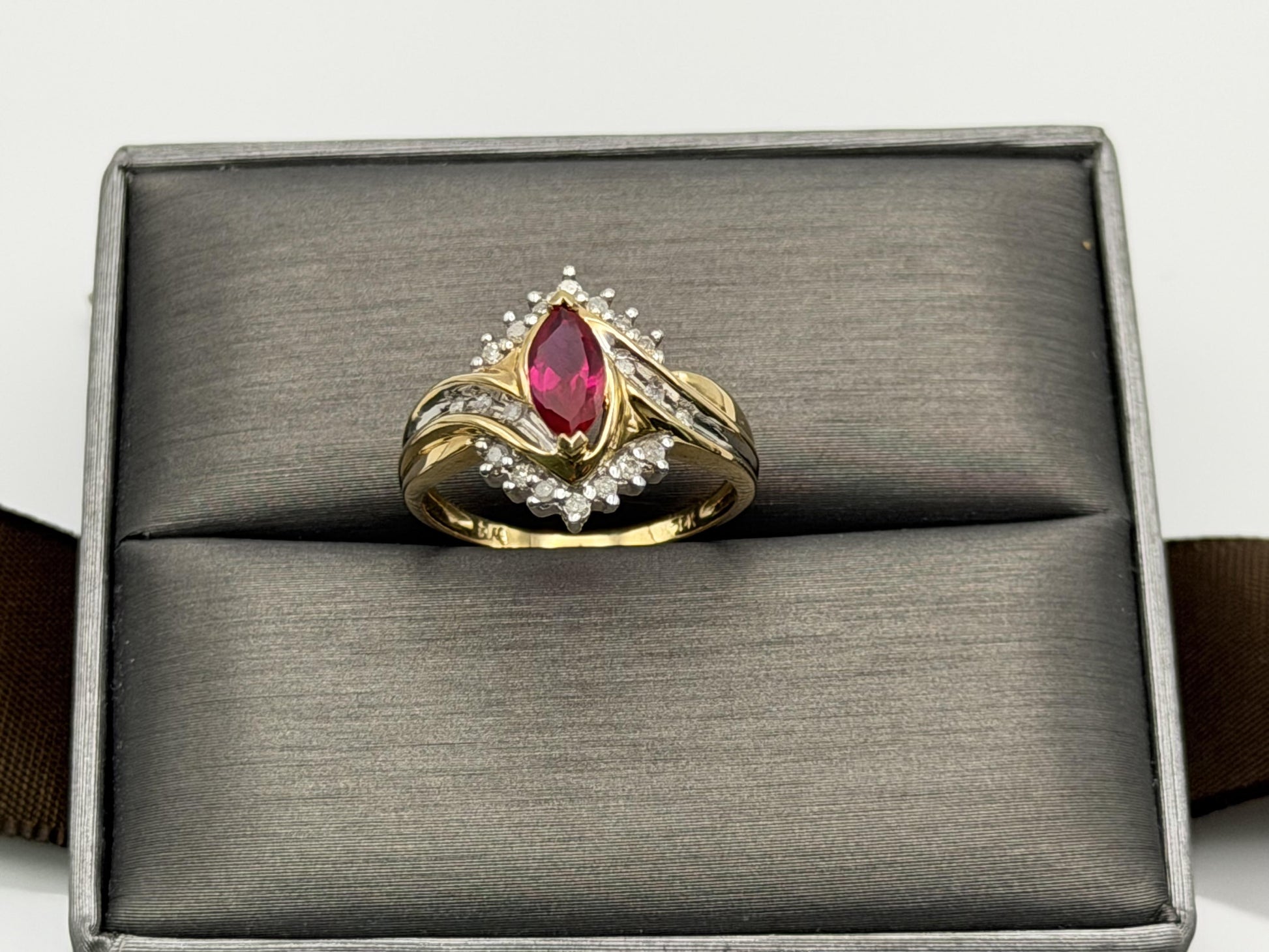 10k Vintage Ruby and Diamond Cocktail Ring Marquise Ruby Ring.