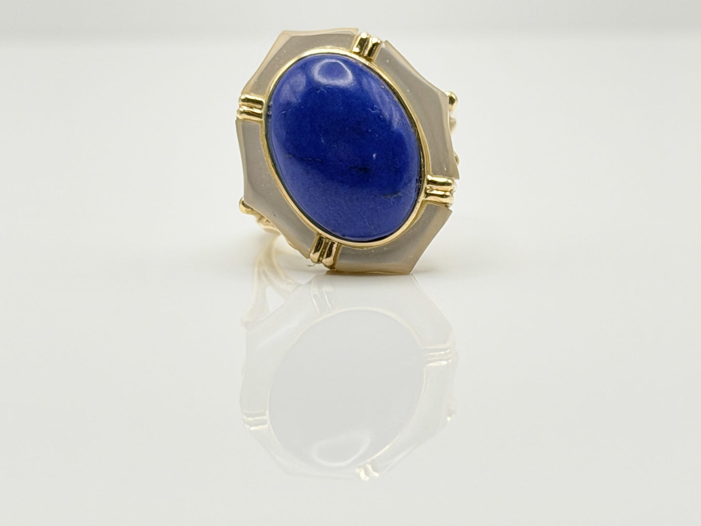 14k Yellow Gold Lapis Lazuli and Mother of Pearl Cocktail Statement Ring.