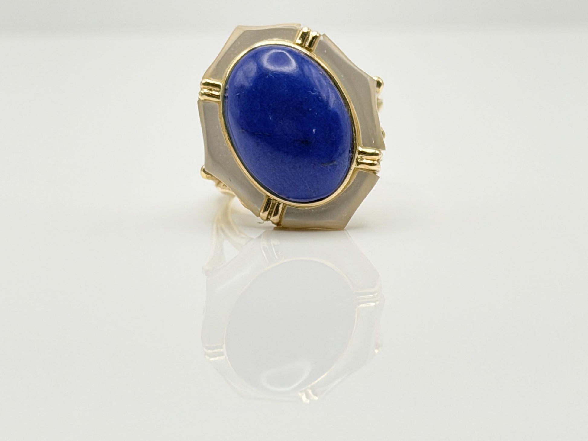 14k Yellow Gold Lapis Lazuli and Mother of Pearl Cocktail Statement Ring.