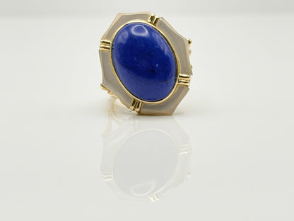 14k Yellow Gold Lapis Lazuli and Mother of Pearl Cocktail Statement Ring.