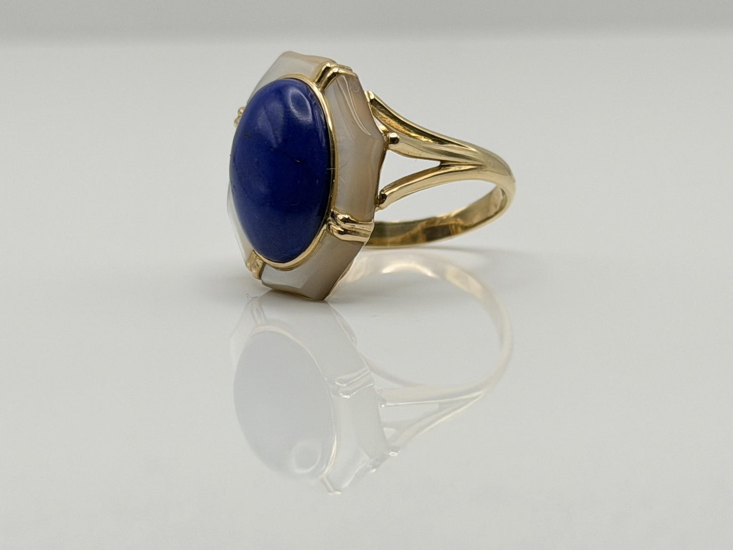 14k Yellow Gold Lapis Lazuli and Mother of Pearl Cocktail Statement Ring.