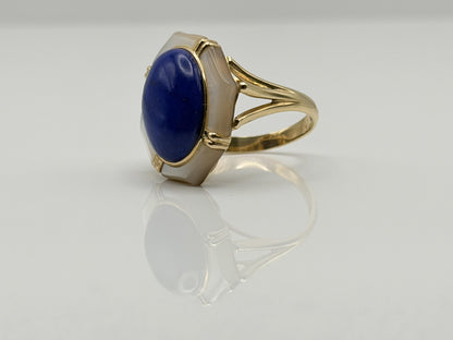 14k Yellow Gold Lapis Lazuli and Mother of Pearl Cocktail Statement Ring.