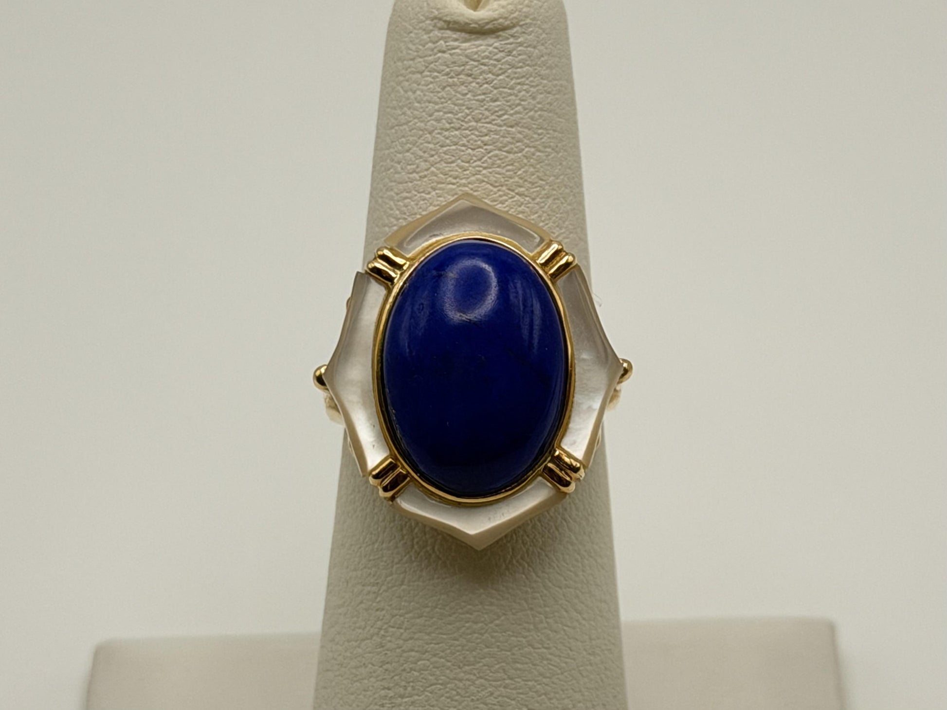14k Yellow Gold Lapis Lazuli and Mother of Pearl Cocktail Statement Ring.