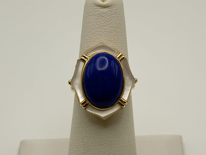 14k Yellow Gold Lapis Lazuli and Mother of Pearl Cocktail Statement Ring.
