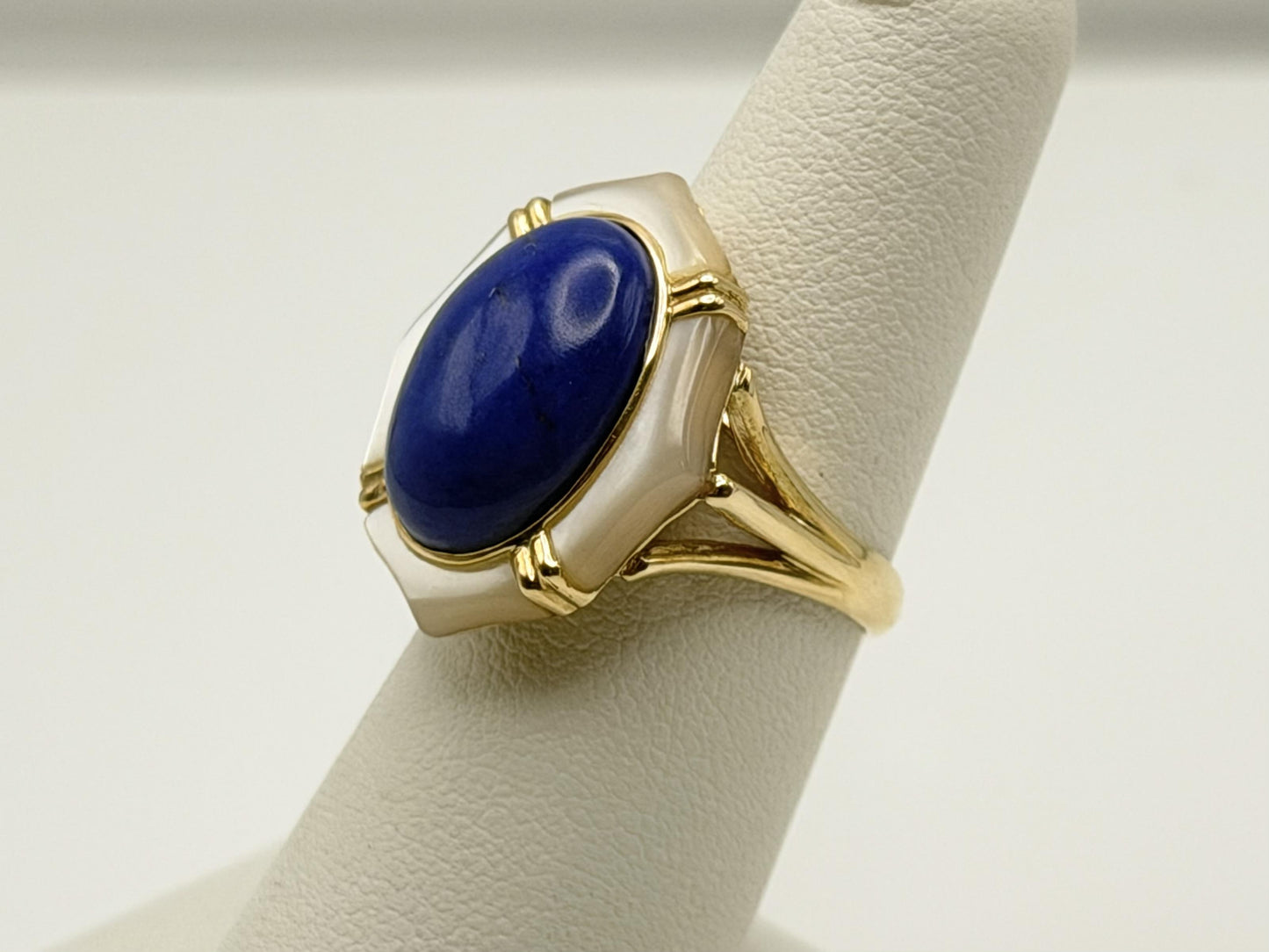 14k Yellow Gold Lapis Lazuli and Mother of Pearl Cocktail Statement Ring.