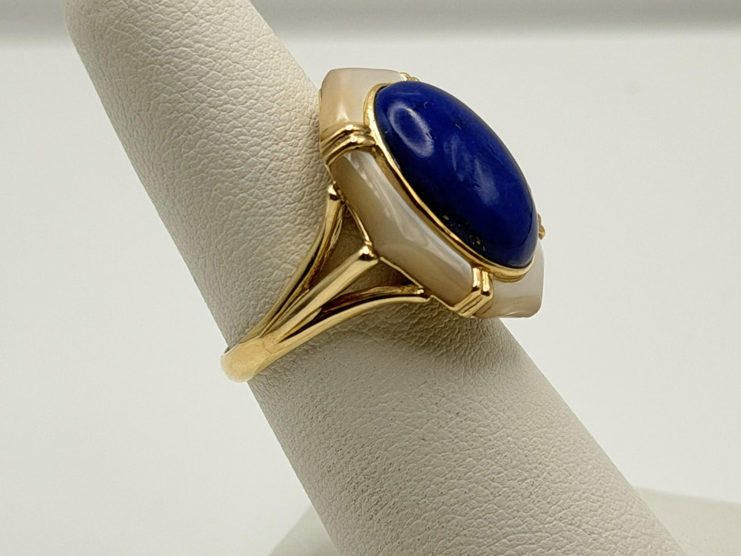 14k Yellow Gold Lapis Lazuli and Mother of Pearl Cocktail Statement Ring.