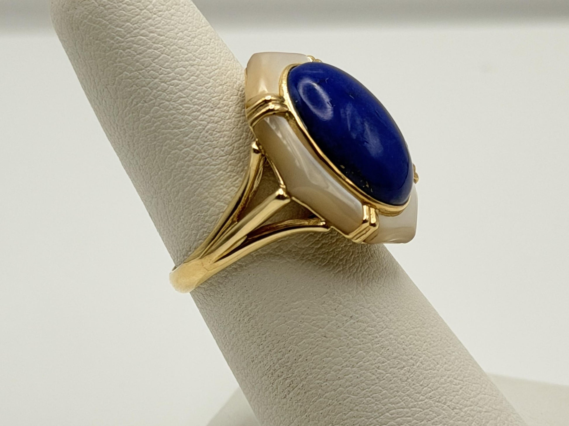14k Yellow Gold Lapis Lazuli and Mother of Pearl Cocktail Statement Ring.