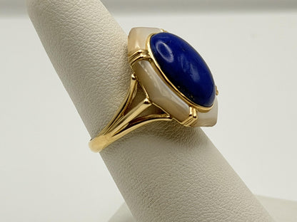 14k Yellow Gold Lapis Lazuli and Mother of Pearl Cocktail Statement Ring.