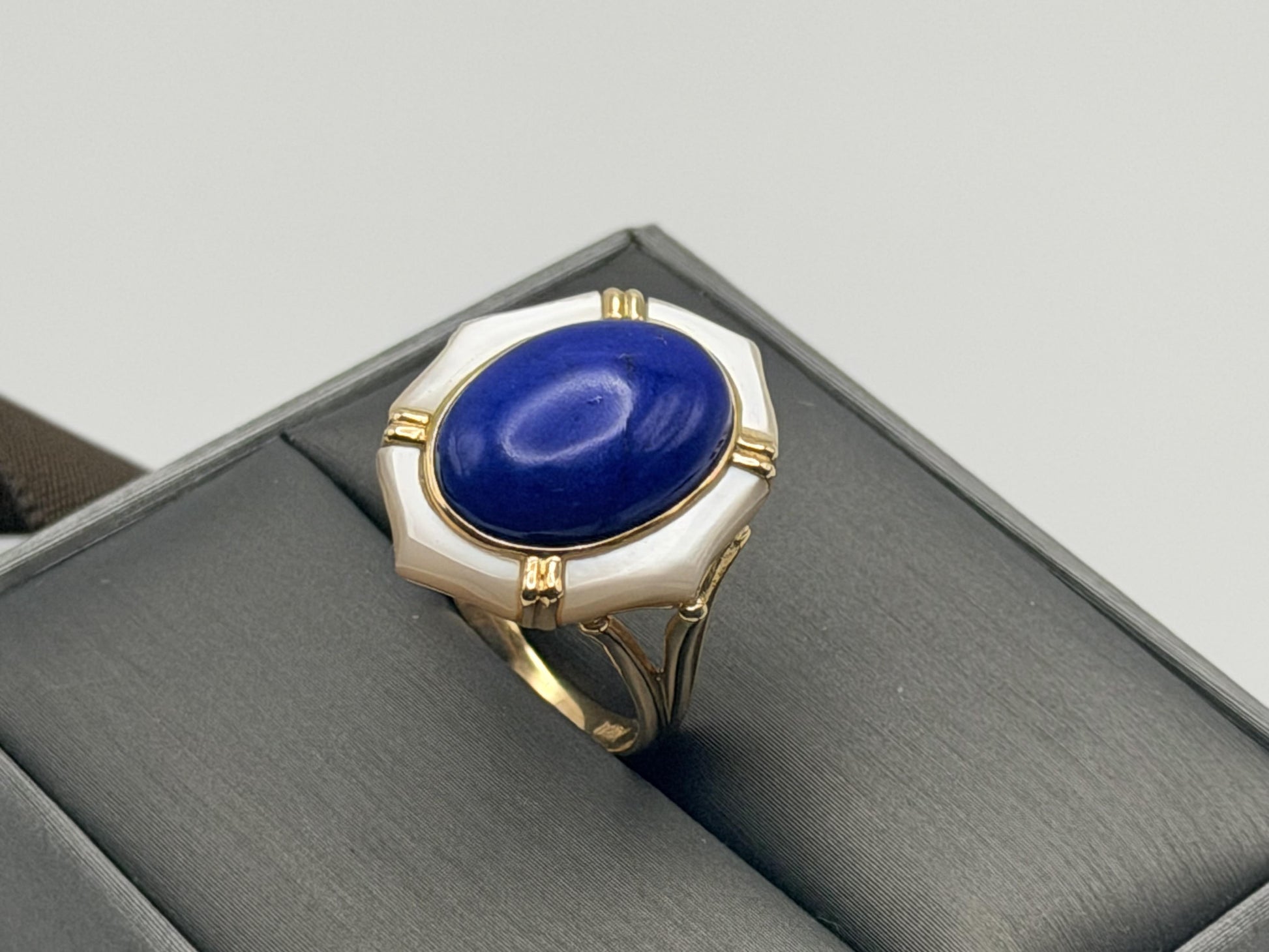 14k Yellow Gold Lapis Lazuli and Mother of Pearl Cocktail Statement Ring.