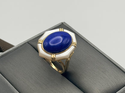 14k Yellow Gold Lapis Lazuli and Mother of Pearl Cocktail Statement Ring.
