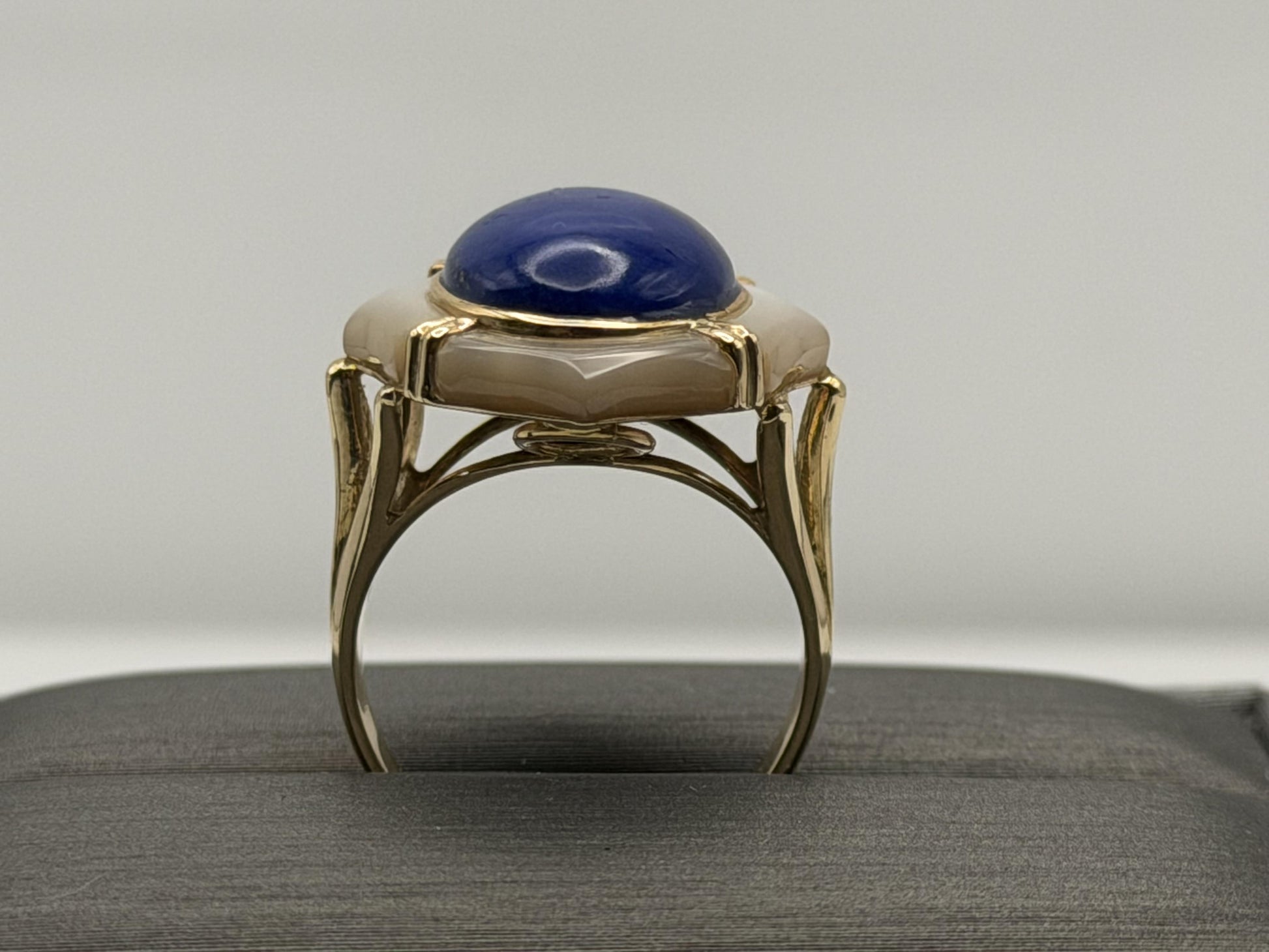 14k Yellow Gold Lapis Lazuli and Mother of Pearl Cocktail Statement Ring.