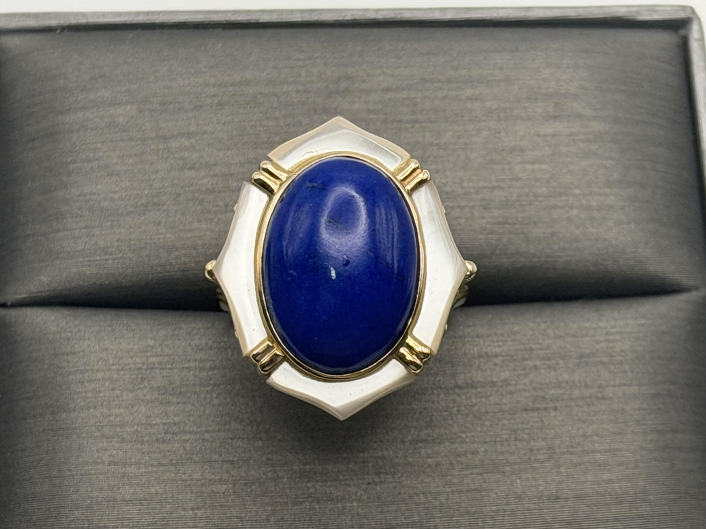14k Yellow Gold Lapis Lazuli and Mother of Pearl Cocktail Statement Ring.