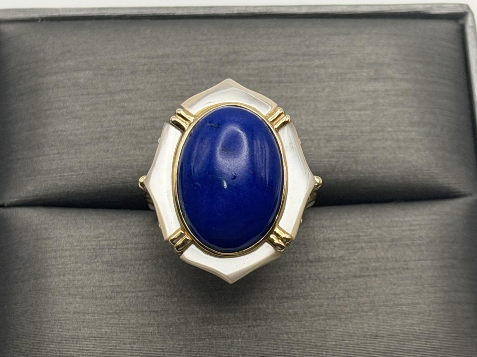 14k Yellow Gold Lapis Lazuli and Mother of Pearl Cocktail Statement Ring.