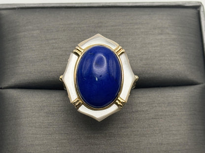 14k Yellow Gold Lapis Lazuli and Mother of Pearl Cocktail Statement Ring.