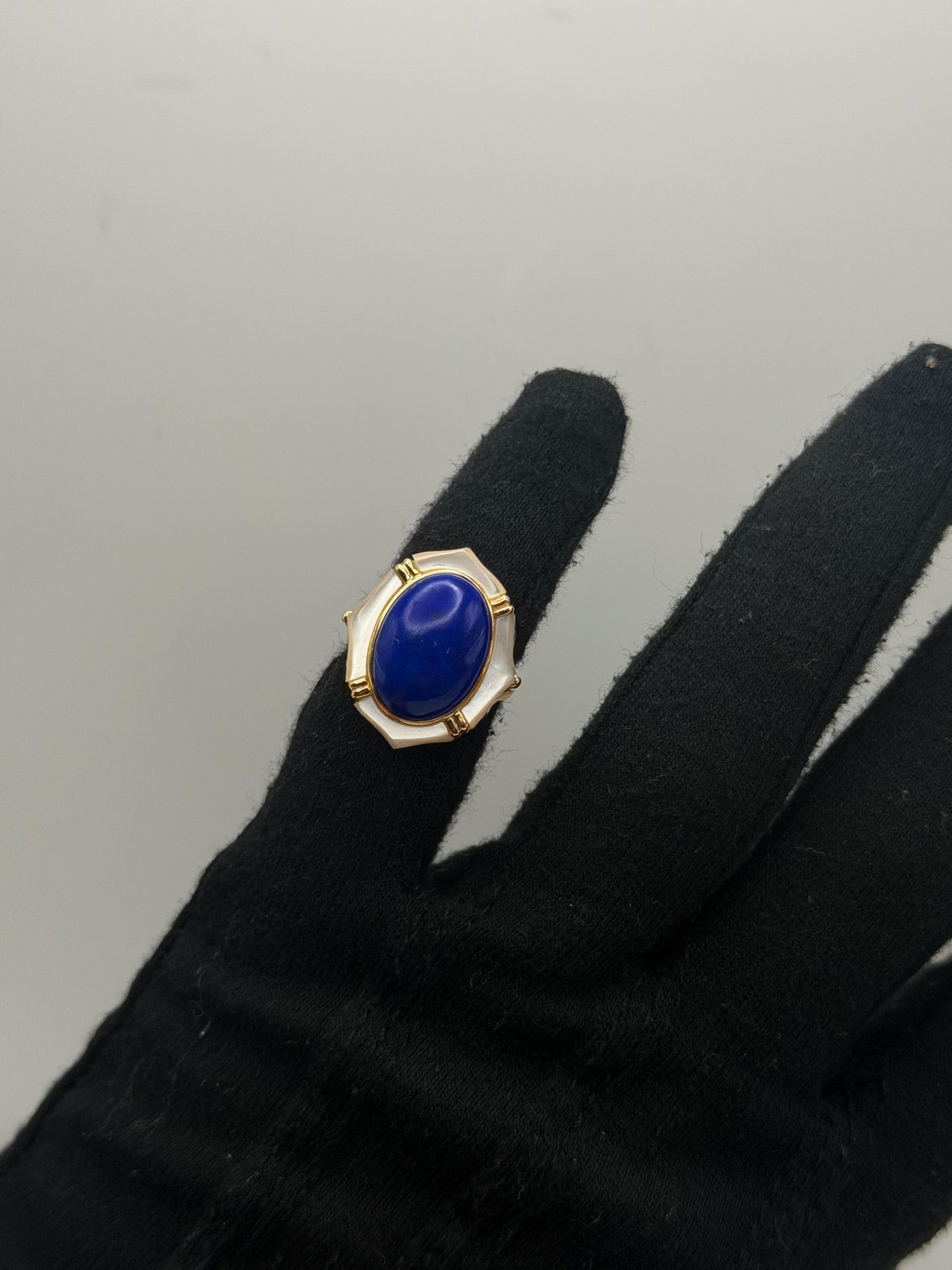 14k Yellow Gold Lapis Lazuli and Mother of Pearl Cocktail Statement Ring.