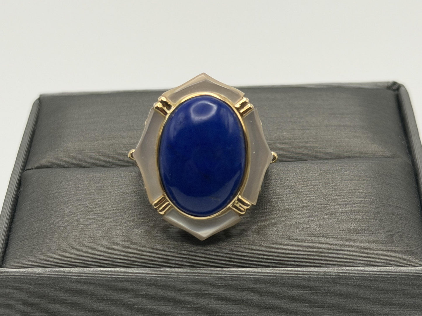 14k Yellow Gold Lapis Lazuli and Mother of Pearl Cocktail Statement Ring.