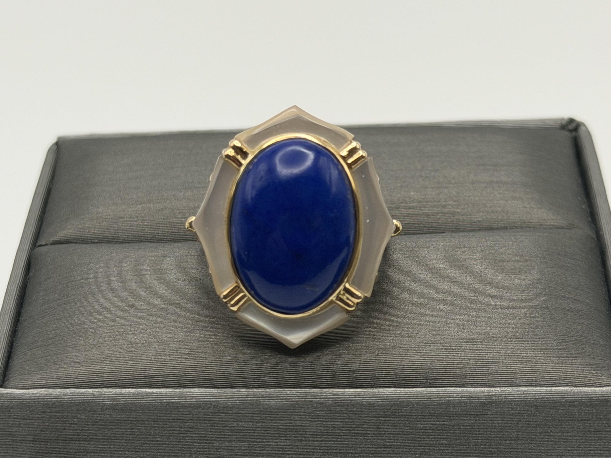 14k Yellow Gold Lapis Lazuli and Mother of Pearl Cocktail Statement Ring.