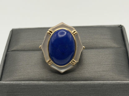 14k Yellow Gold Lapis Lazuli and Mother of Pearl Cocktail Statement Ring.