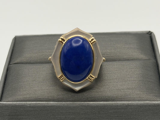 14k Yellow Gold Lapis Lazuli and Mother of Pearl Cocktail Statement Ring.