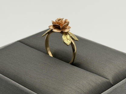 14k Two-Tone Gold Rose Ring Floral Flower Love Ring.