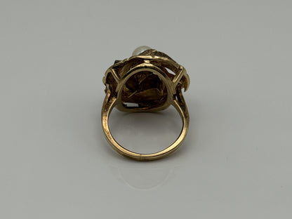 10k Gold Heavy Pearl Floral Ring Vintage Leaf Design Statement Ring