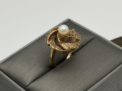 10k Gold Heavy Pearl Floral Ring Vintage Leaf Design Statement Ring