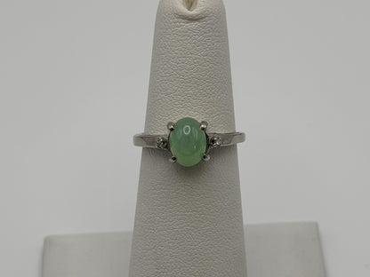 10K White Gold Green Sapphire Cabochon Ring Oval Ring Diamond Accents