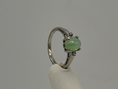 10K White Gold Green Sapphire Cabochon Ring Oval Ring Diamond Accents