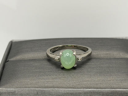 10K White Gold Green Sapphire Cabochon Ring Oval Ring Diamond Accents