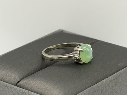10K White Gold Green Sapphire Cabochon Ring Oval Ring Diamond Accents